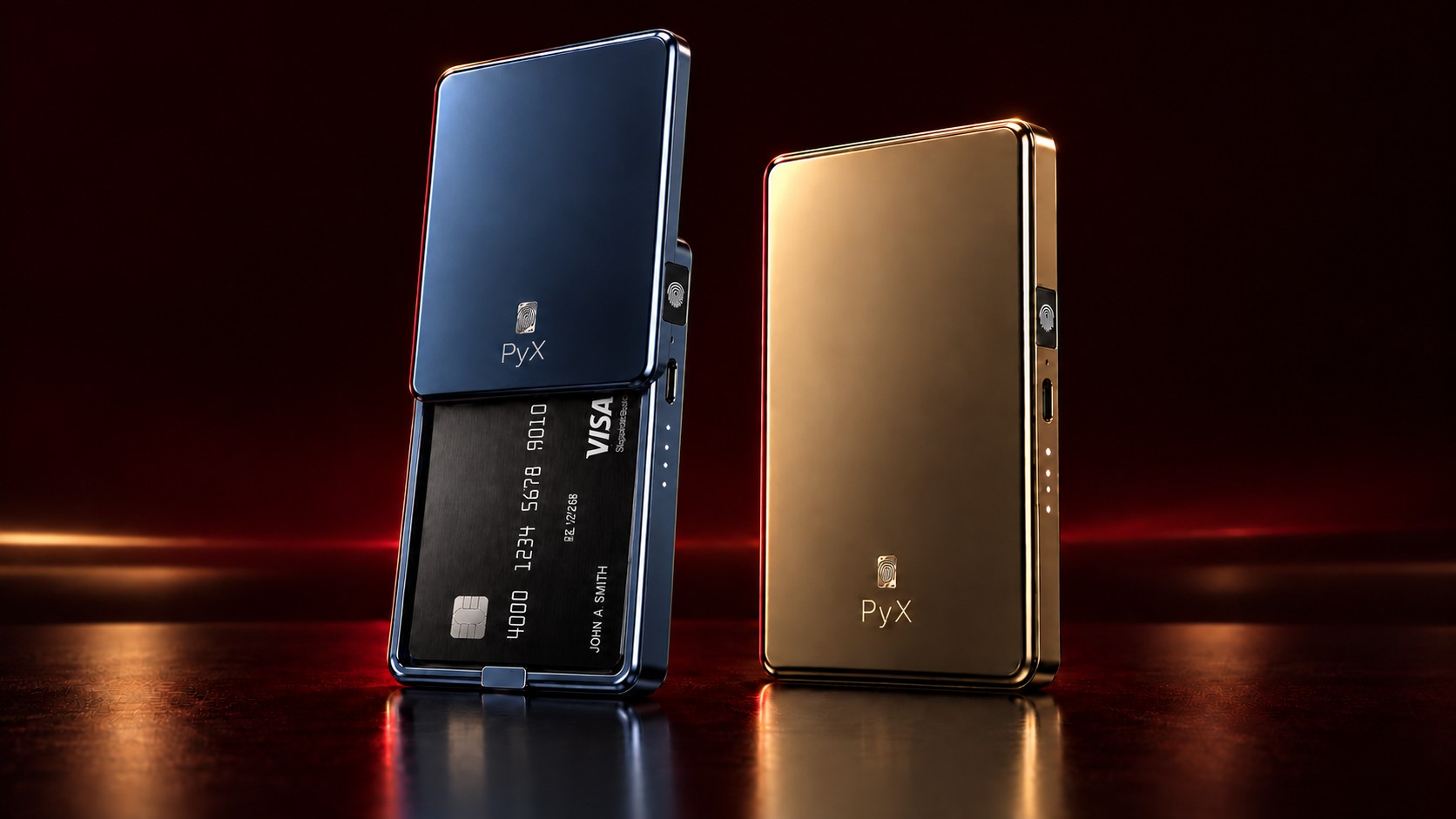 PyX smart wallets in blue and gold, showing open and closed sliding enclosures