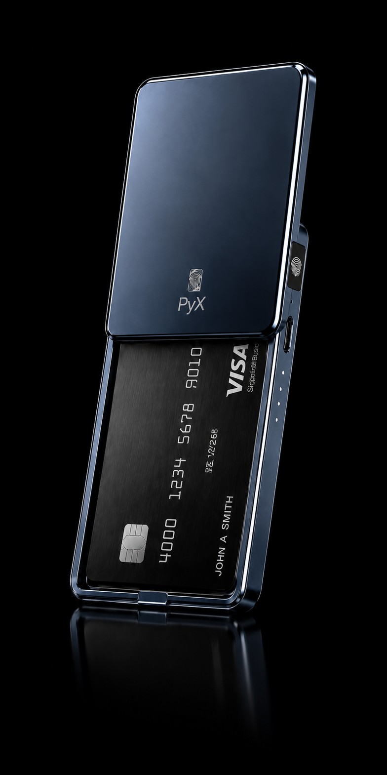 Open blue PyX Vault showing the sliding enclosure and card compartment